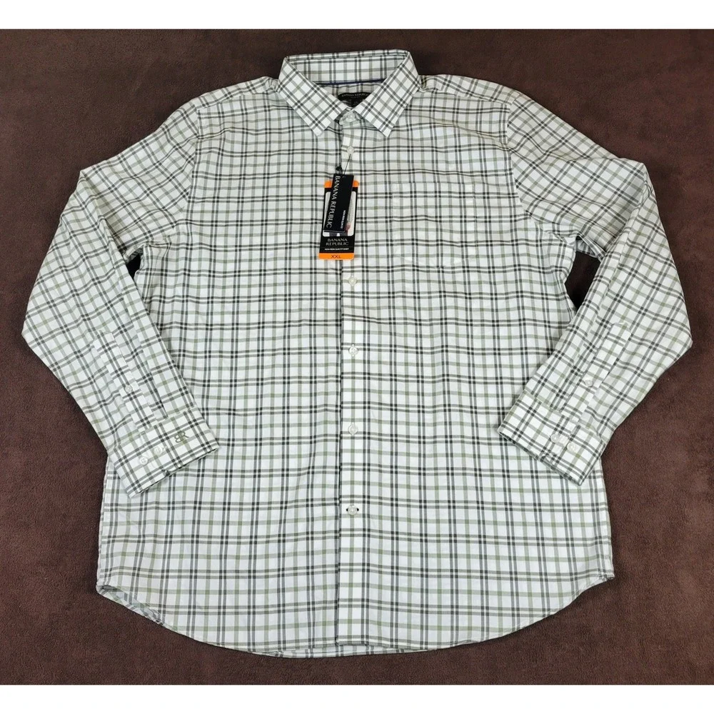 Banana Republic Mens XXL Green Plaid Non Iron Slim Fit Button Up Shirt NWT